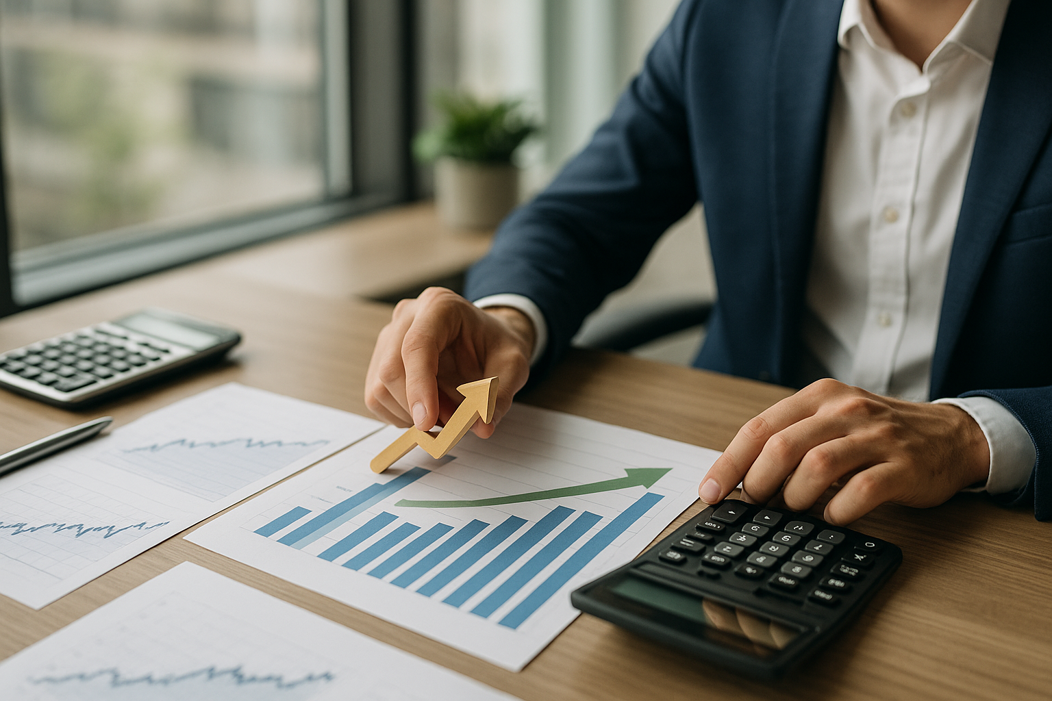 Grafici finanziari e calcolatrice su una scrivania, concetto di finanza personale e gestione del rischio