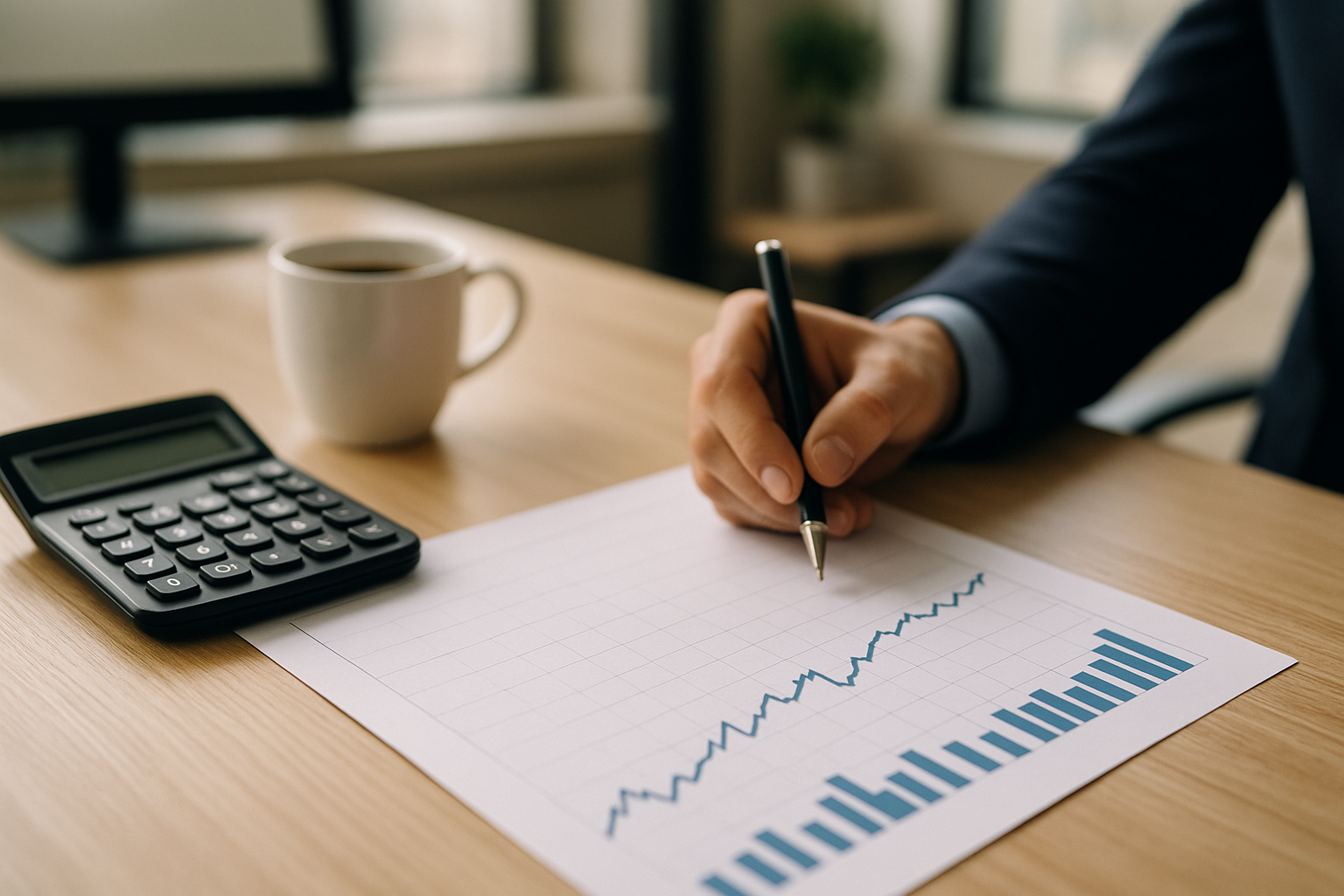Calcolatrice e grafico su una scrivania, simbolo di valutazione di rischio e rendimento nel breve termine