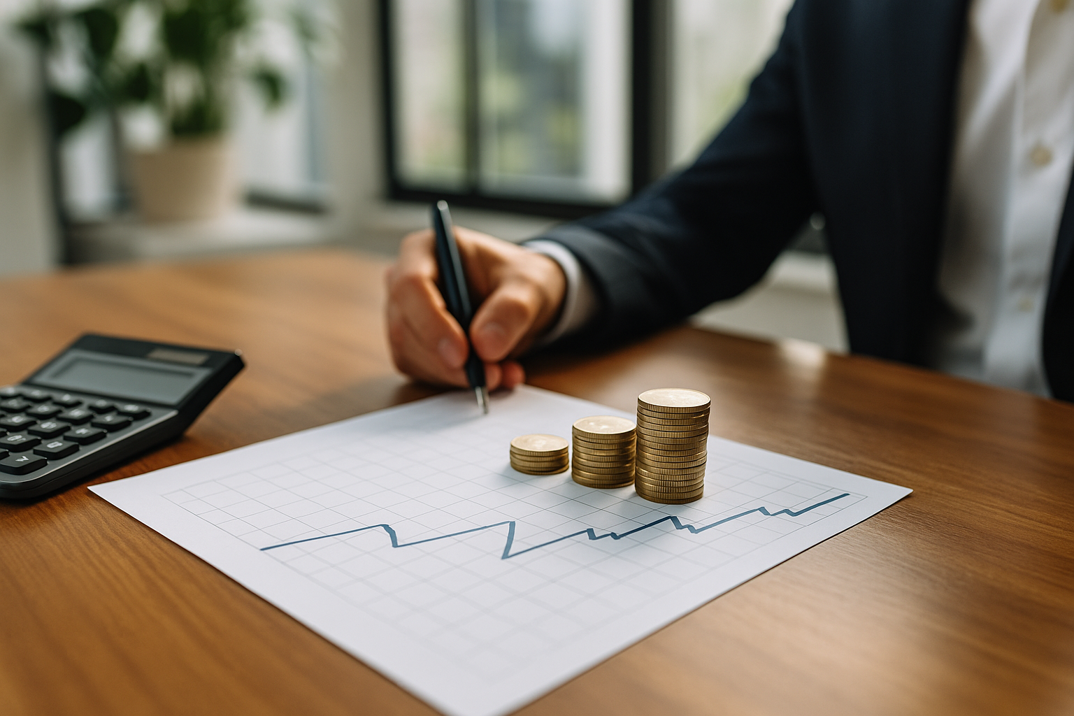 Calcolatrice e grafico finanziario su una scrivania con monete, simbolo di gestione della liquidità e rendimento