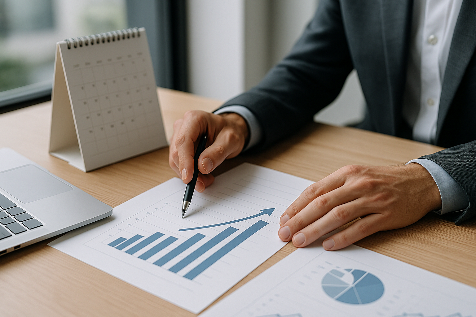 Calendario e documenti con grafico finanziario su una scrivania, simbolo di pianificazione dell’orizzonte temporale