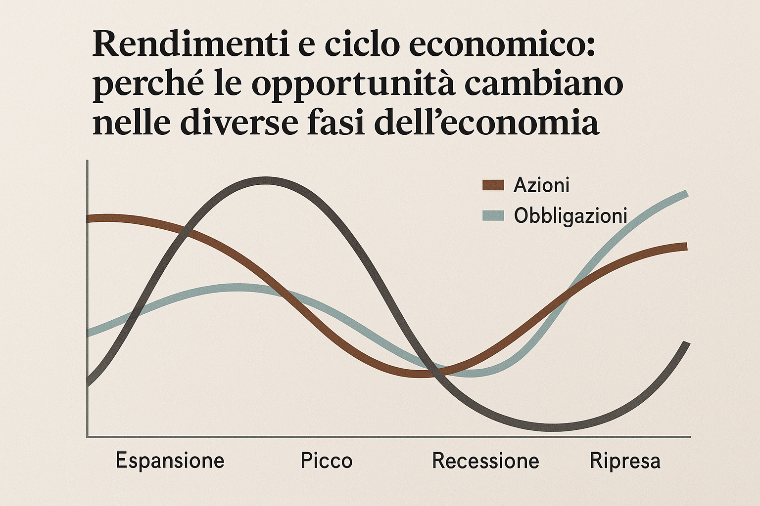 Schema del ciclo economico con andamento dei rendimenti di azioni e obbligazioni nelle diverse fasi
