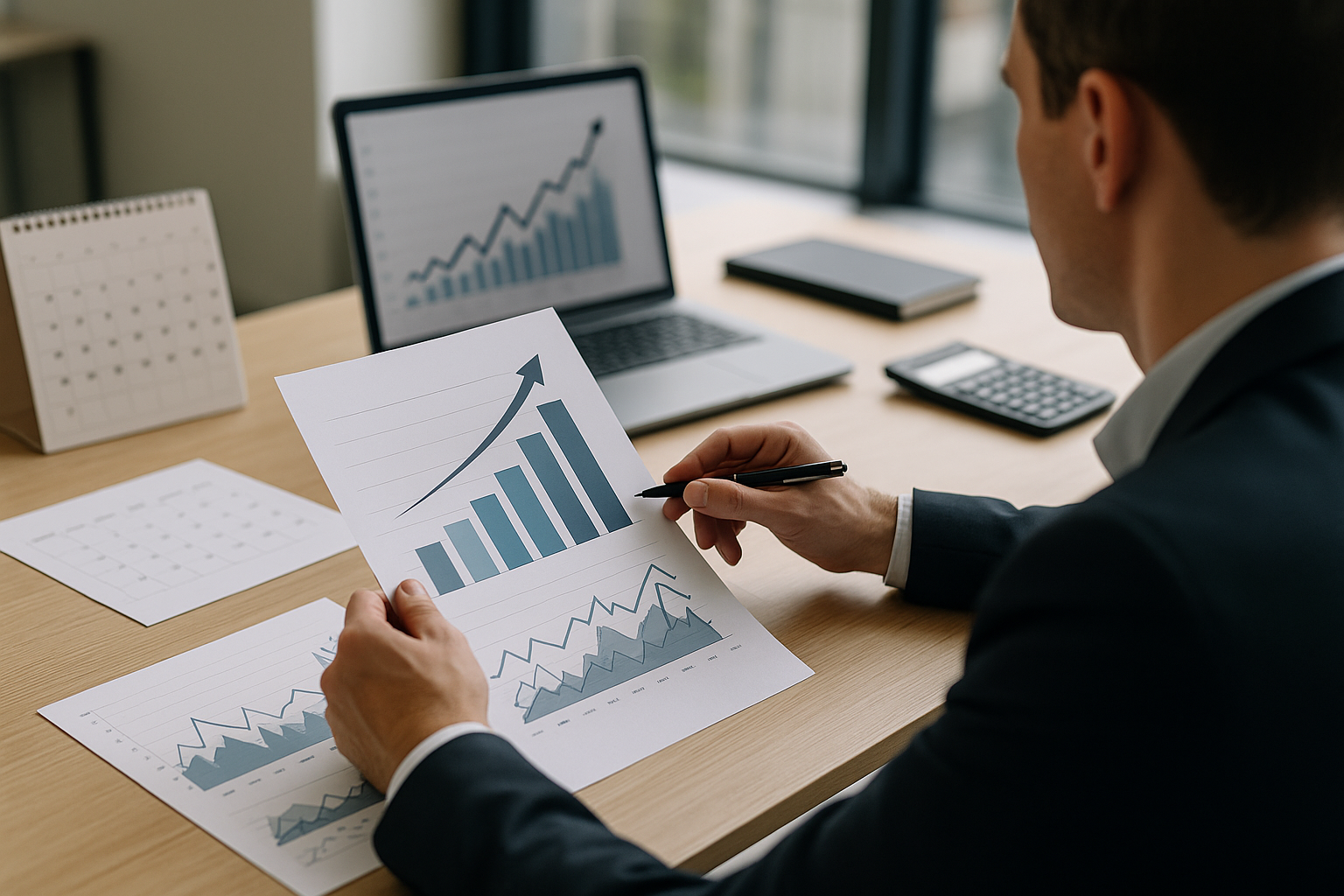 Grafici finanziari e calendario su una scrivania, simbolo di investimento disciplinato in periodi incerti